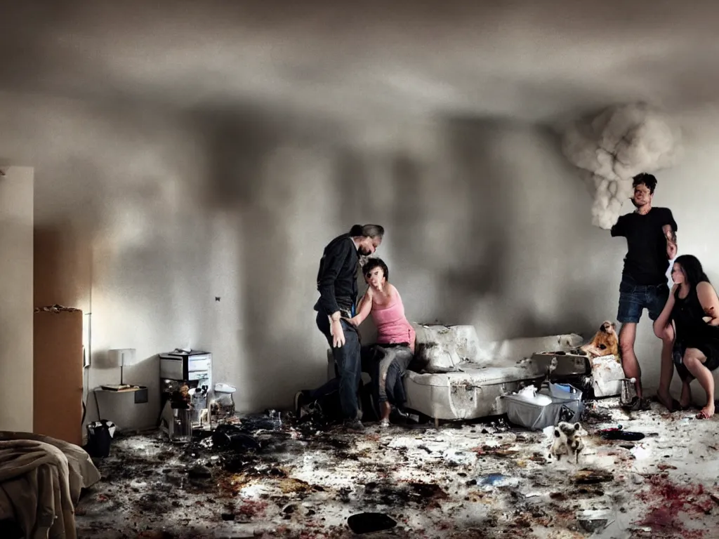 Prompt: a photograph of a man and a woman in a disgustingly filthy apartment, they are mouldy and obviously intoxicated. they have merged with the walls and ceiling, levitating above a cloud of nebulous dogs