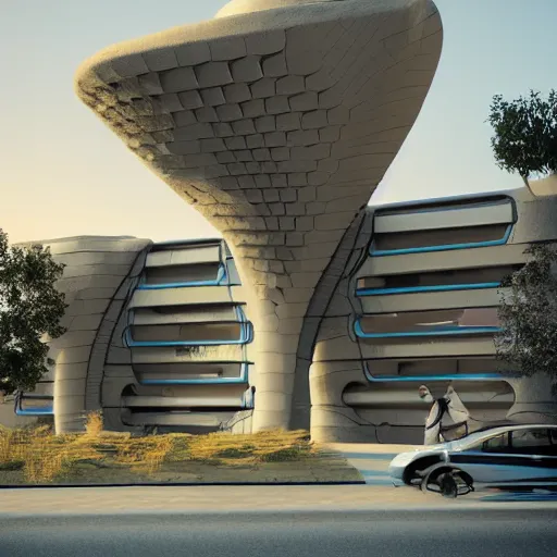 Image similar to futuristic building designed in ethno style, hype realistic illustration