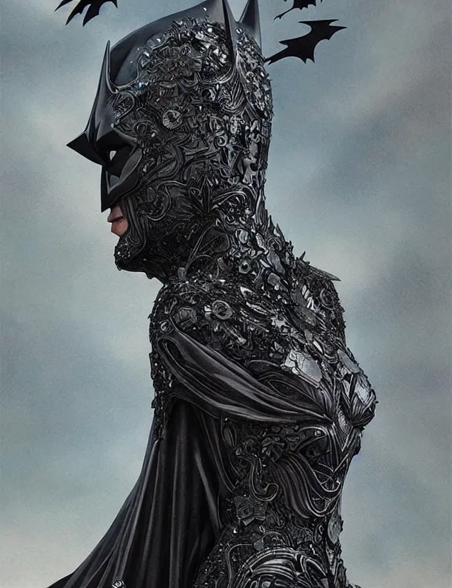 Image similar to 3 d goddess batman, beautiful intricately detailed costume. artwork by giger and dali and beeple and greg rutkowski