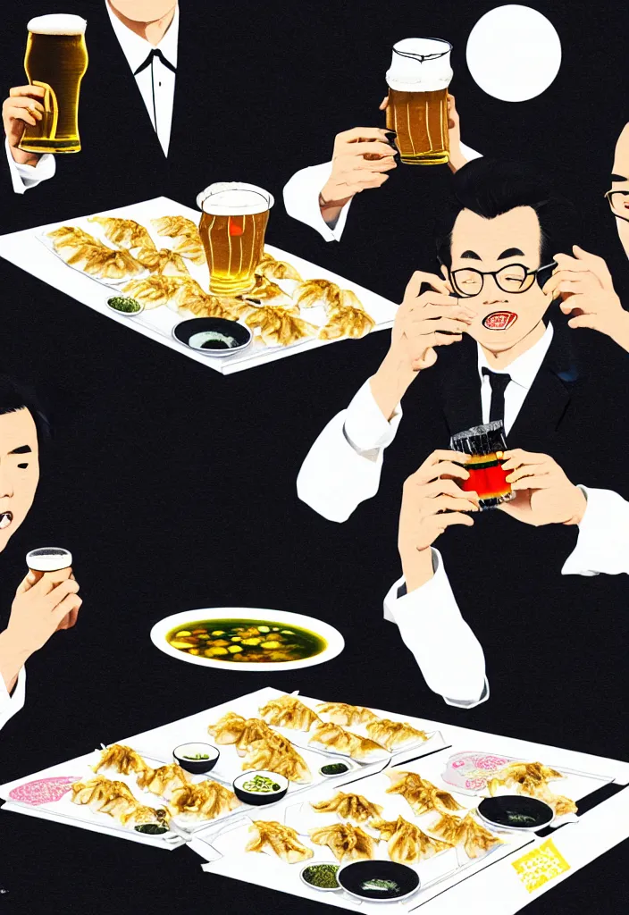 Prompt: two businessmen eating gyoza and drinking beer at an outdoor table in nighttime izakaya in shinbashi tokyo, japan, a collage painting, in the style of wes anderson, lola dupre, david hockney, isolated on negative white space background dark monochrome fluorescent neon spraypaint accents volumetric octane render