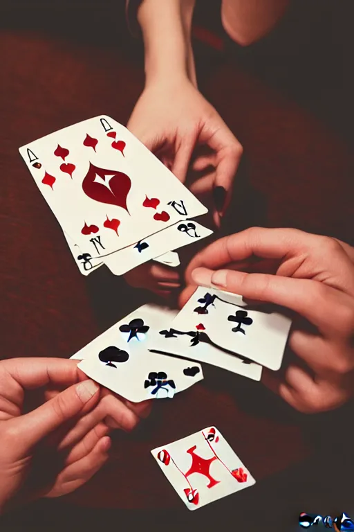 Image similar to firts person view of female hands looking at the table full of playing cards, realistic, modern, intricate, elegant, highly detailed, digital painting, artstation, concept art, addiction, chains, smooth, sharp focus, illustration, art by ilja repin