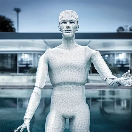 Image similar to made of ice, a realistic detailed photo of a guy who is an attractive humanoid who is half robot and half humanoid, who is a male android, on display, blank stare, showing off his muscles, shiny skin, posing like a statue, by the pool, frozen ice statue, f 1 driver max verstappen, humanoid robot