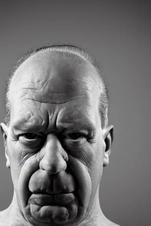 Prompt: extremely detailed studio portrait of man, 4 0 years, homer simpson lookalike, looks like a real life version of homer simpson, soft light, black background, fine skin details, award winning photo by yousuf karsh