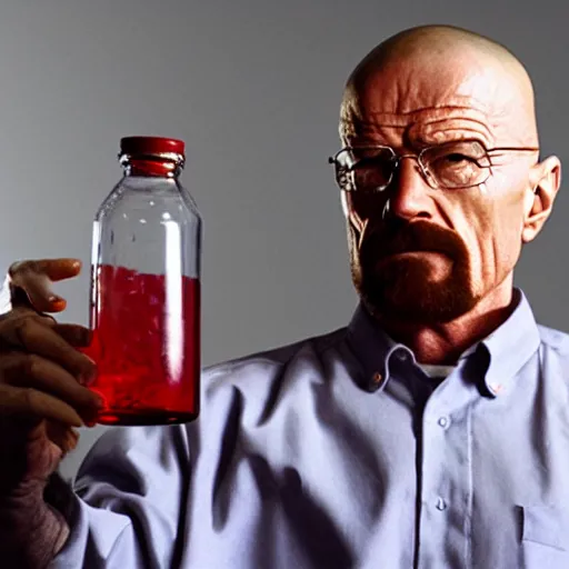 Prompt: Walter White holding a red glass bottle
