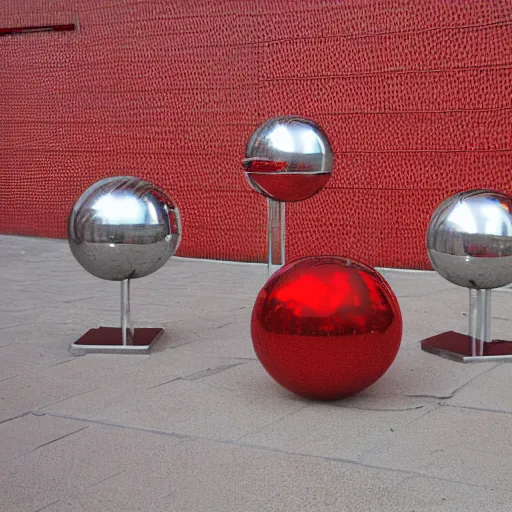 Prompt: chrome spheres on a red cube by yosuke onishi