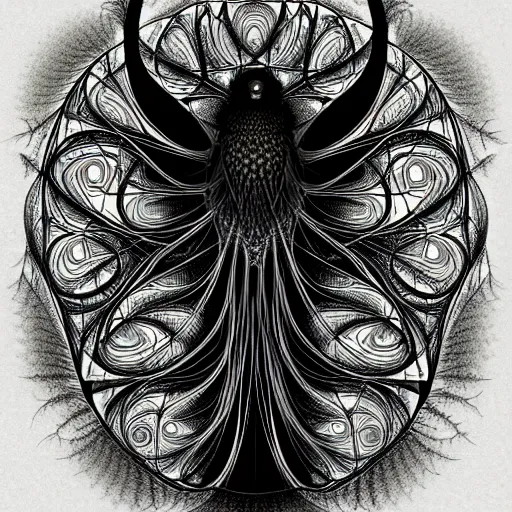 Prompt: artistic drawing of a fractal crow, made of engrenage, symbolist, visionary, detailed, realistic, surreality