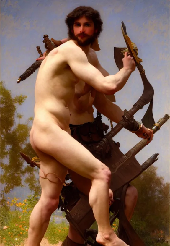 Image similar to attractive handsome fully clothed beck hansen confesses his love for attractive fully armored bjorl. centered composition. highly detailed painting by gaston bussiere and j. c. leyendecker and william adolphe bouguereau and fra angelico and octane render, musee d'orsay 8 k