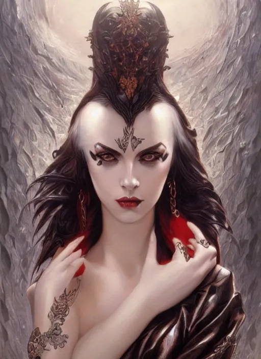 Image similar to a highly detailed symmetrical painting of a female fantasy seductive sensual dark mistress with piercing beautiful eyes, trending on artstation, deviantart, art by artgerm and karol bak and mark brooks