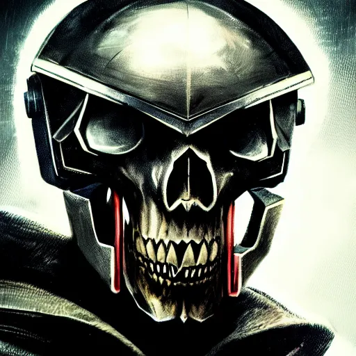 Image similar to close up portrait of a violent 40th century Space Pirate, most wanted warhammer 40k criminal, wolf skull helmet, futuristic data traveler, Ghost in the shell, Akira, cyberpunk vilain, Blade Runner