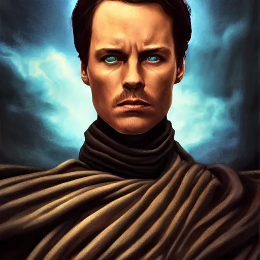 Prompt: realistic paul atreides emperor of the known universe, perfect dramatic and dark portrait by rabbitary b, trending on artstation, deviantart, dune, low angle oil painting and composition laws, dark foggy background, masculine man with thin lines on the face, medium - long curly brown hair, completely blue eyes, denis villeneuve cinematography