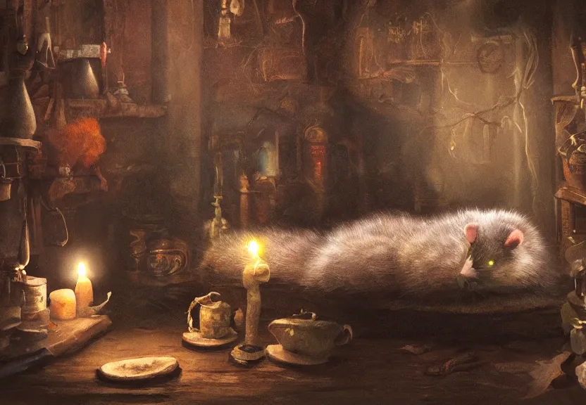 Image similar to cute possum sleeping on a bed in a medieval cluttered cottage at night under the dim light of a candle, dark fantasy, dreaming illusion, trending on artstation