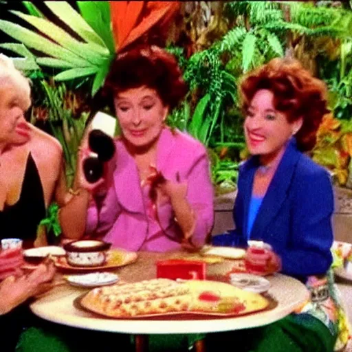 Prompt: Iguana Golden Girls cannabis mukbang with guests Japanese game show 1996 divx rip