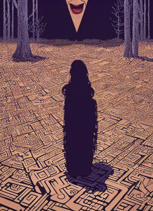 Image similar to poster artwork by Michael Whelan and James Jean, of Octavia Spencer has a invisible shadow man's voice in her head, reality is a labyrinth parking lot, psychological thriller from scene from Twin Peaks, clean, simple illustration, nostalgic, domestic, full of details