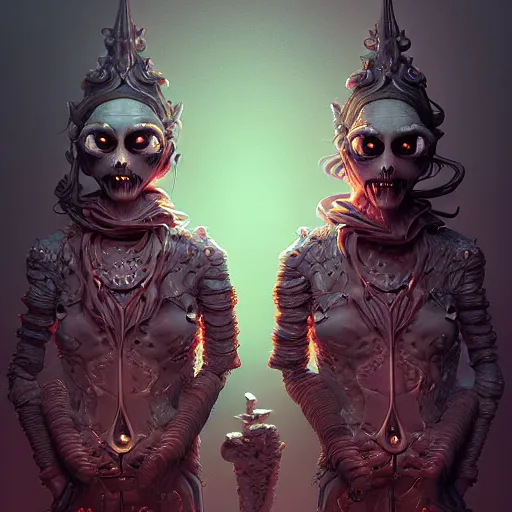 Prompt: creepy twins, dark background, backlit:: by beeple and James Gilleard and Justin Gerard :: ornate, dynamic, particulate, intricate, elegant, highly detailed, centered, artstation, smooth, sharp focus, octane render, 3d