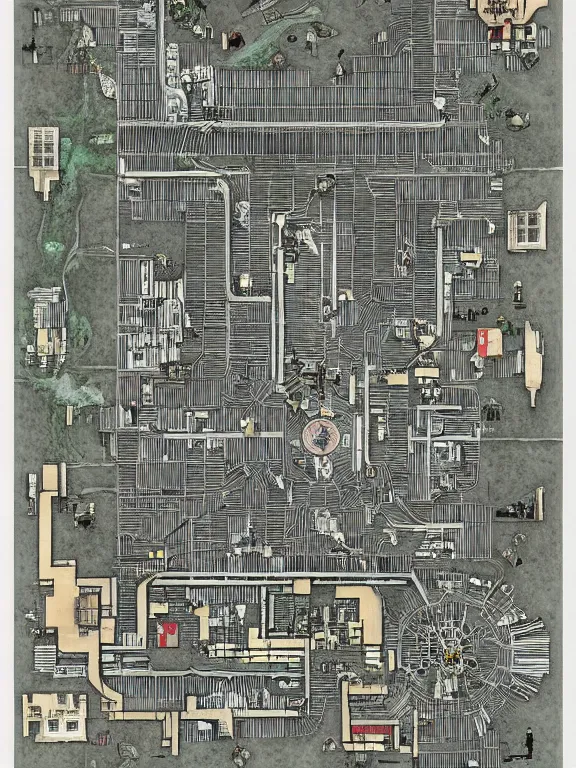 Prompt: A floor plan map illustration of a silent Hill city in labyrinth,by James Paick,Jane Newland，Peter Mohrbacher,peter gric,aaron horkey,Chris Ware,trending on pinterest,full of color,high detail,maximalist
