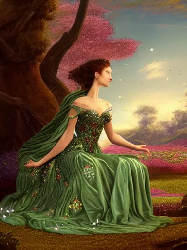 Prompt: venus, the empress, wearing a magnificent dress, sitting on a divan in the middle of a beautiful green plains full of little flowers. intricate, elegant, highly detailed, digital painting, artstation, concept art, sharp focus, illustration, by justin gerard and artgerm, 8 k