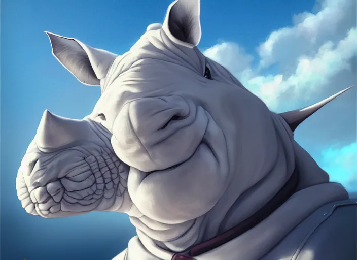 Image similar to character portrait feature of the anthro male anthropomorphic white rhino fursona wearing airline pilot outfit uniform professional pilot character design stylized by charlie bowater, ross tran, artgerm, and makoto shinkai, detailed, soft lighting, rendered in octane, maldives in background