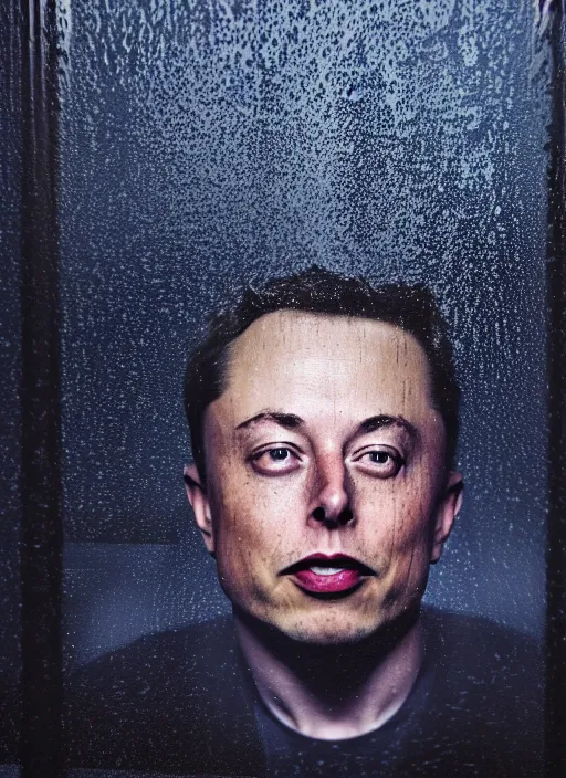 Image similar to dark photo of dark blue rainy bedroom window at night, dimly lit creepy face of elon musk staring in through the window, horror, scary face,