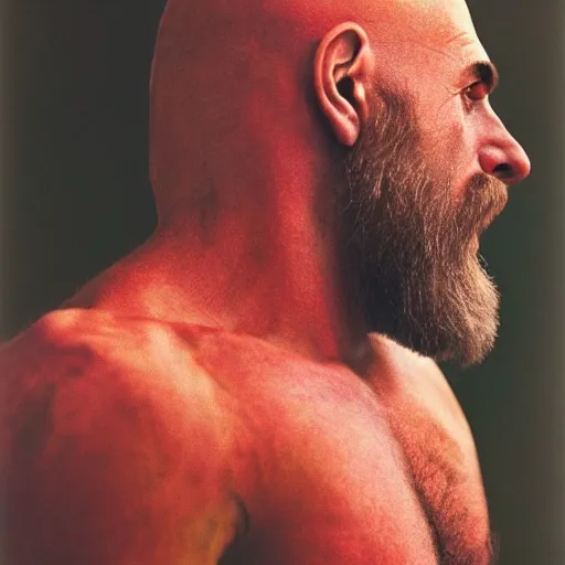 Image similar to kratos by Annie Leibovitz and Steve McCurry, natural light, detailed face, CANON Eos C300, ƒ1.8, 35mm, 8K, medium-format print