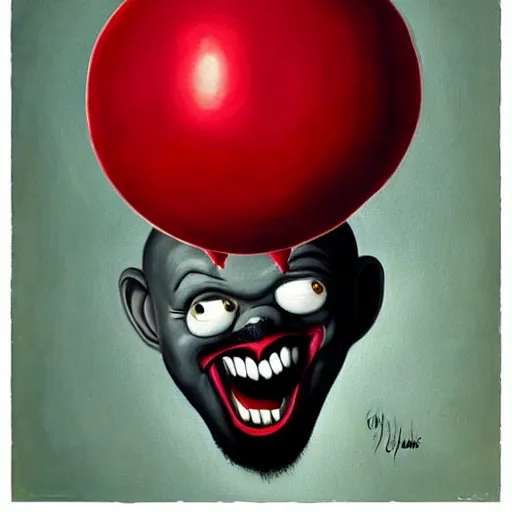 Image similar to grunge painting of kanye with a wide smile and a red balloon by chris leib, loony toons style, pennywise style, corpse bride style, horror theme, detailed, elegant, intricate