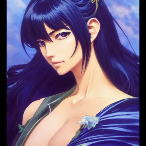 Image similar to highly detailed vfx portrait of nico robin by eiichiro oda!, makoto shinkai, alphonse mucha, sharp focus, art by artgerm and greg rutkowski!, backlit, harsh overhead sunlight, blue eyes!!, large aquiline nose!!, stanley kybric, kaoru mori, shadows, best of behance,