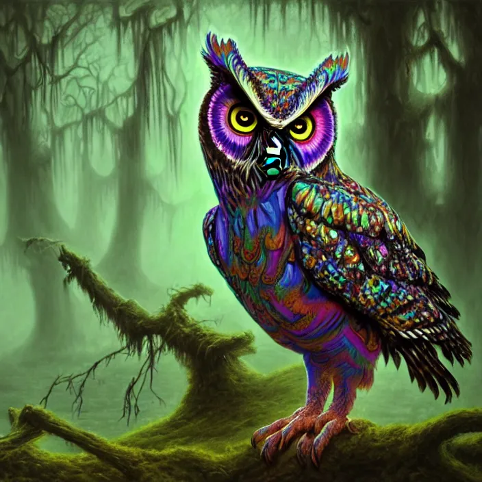 Image similar to psychedelic owl in haunted swamp, highly detailed, d & d, fantasy, highly detailed, digital painting, trending on artstation, concept art, sharp focus, illustration, oil on canvas, global illumination, ray tracing, realistic shaded, art by artgerm and greg rutkowski and fuji choko and viktoria gavrilenko and hoang lap