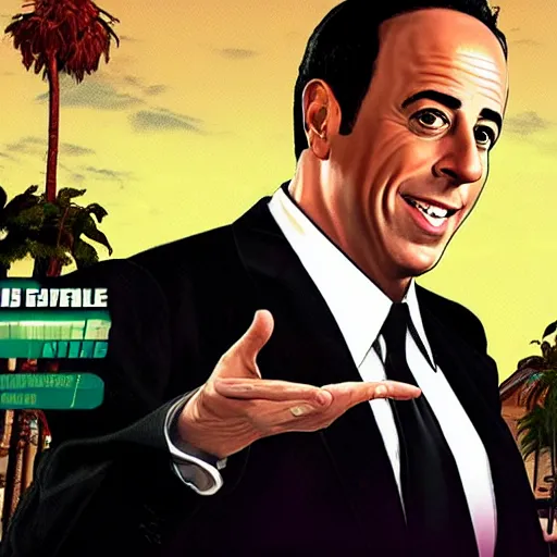 Image similar to Jerry Seinfeld in a GTA V cover art