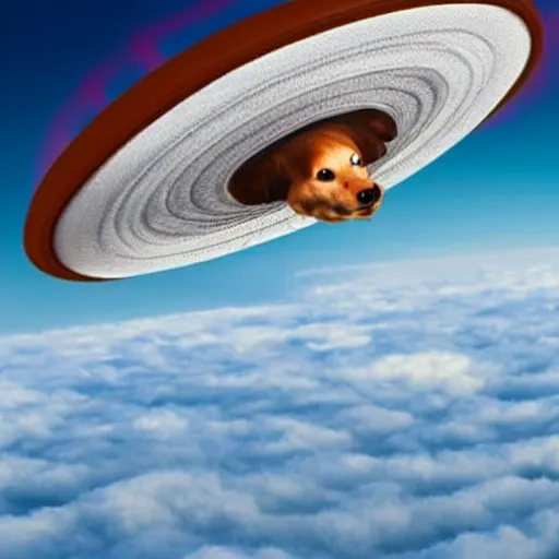 Image similar to chorizo flying over the clouds chasing an ufo