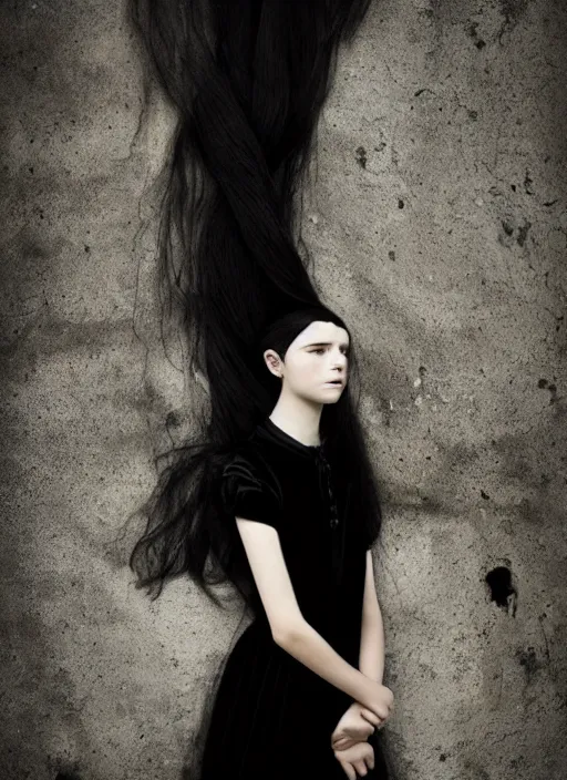 Image similar to a 1 4 year old girl with straight long black hair wearing black dress, photo by michal karcz and monia merlo