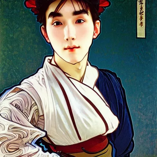 Image similar to full body painting of grumpy handsome thin beautiful young man in his 2 0 s named min - jun in a modest french female maid outfit, modern clothing, elegant, clear, painting, stylized, sharp facial features, pouty, highly detailed, art, art by alphonse mucha