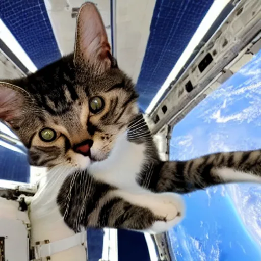 Image similar to Photo of a cat floating inside the ISS, realistic award-winning