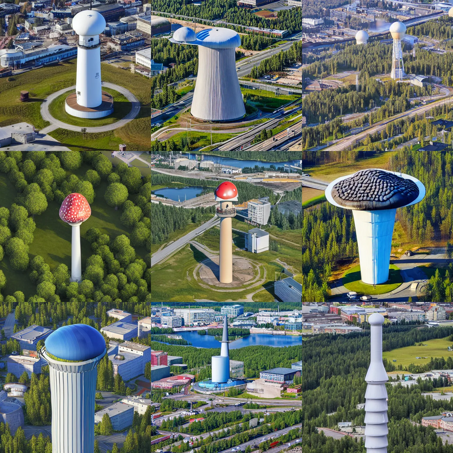 Prompt: myllypuro water tower, mushroom shaped, aerial photograph, helsinki, finland, realistic 2 0 2 2, detailed