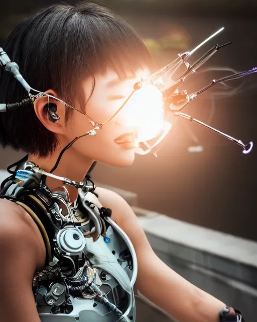 Image similar to beautiful centered photo of korean girl as a solarpunk cyborg with white mechanical parts and implanted bright halogen lamps, treading above calm water, ultra - realistic and detailed, sun lit, white background, bokeh, soft focus, slow exposure hdr 8 k