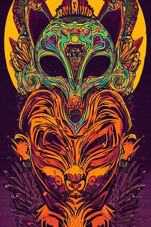 Image similar to animal mask totem roots flower tribal feather gemstone plant wood rock shaman vodoo video game vector cutout illustration vivid multicolor borderlands comics by josan gonzales and dan mumford radiating a glowing aura