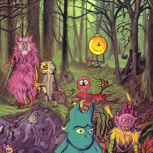 Image similar to a scene of colorful cartoon monsters in the clearing of a dark fantasy forest surrounded by darkness. hyperrealist illustration. muted colors. 1 9 7 0's pulp science fiction and fantasy cartoon for alice in wonderland and wizard of oz. highly detailed and richly colored painting by don ivan punchatz. trending on artstation