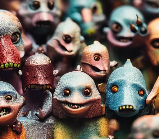 Prompt: miniature figurines of heironymus bosch monsters, close up, detail, tilt shift, product photography