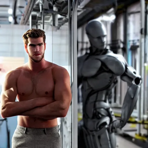 Image similar to a realistic detailed photo of a guy who is an attractive humanoid who is half robot and half humanoid, who is a male android, actor liam hemsworth, shiny skin, posing like a statue, blank stare, in a factory, on display, showing off his muscles