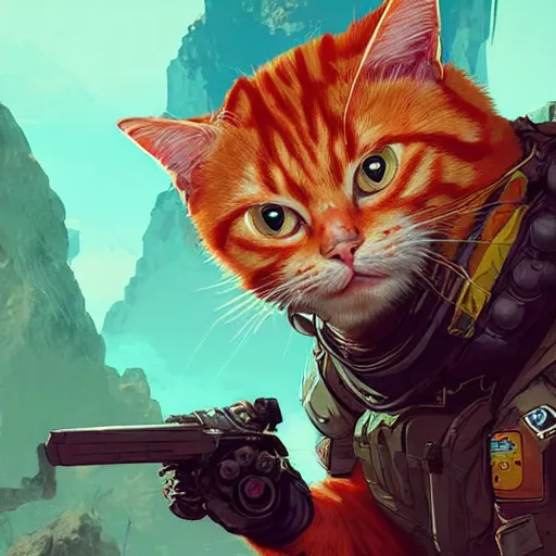 Image similar to ginger cat as apex legends character, digital illustration portrait design, by android jones and greg rutkowski, retrowave color scheme, detailed, cinematic lighting, wide angle action dynamic portrait