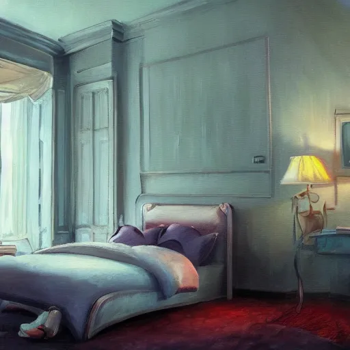 Prompt: a 2 0 0 0 s room, oil painting, pale colors, high detail, 8 k, wide angle, trending on artstation,