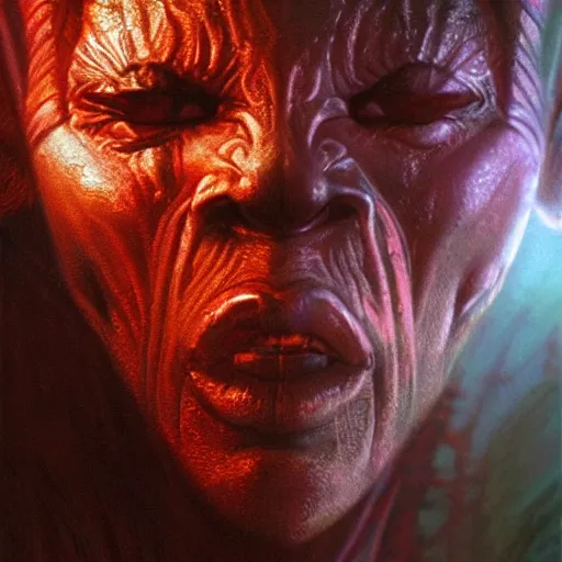 Prompt: bright, colorful, realistic, detailed from Elder Scrolls: shivering isles concept art Geiger and Beksiński alien portrait backlighting, kodachrome, high contrast, highly detailed, sharp focus, digital painting, concept art, illustration, trending on artstation, comic book by Alex Ross and Adam Adamowicz cover art