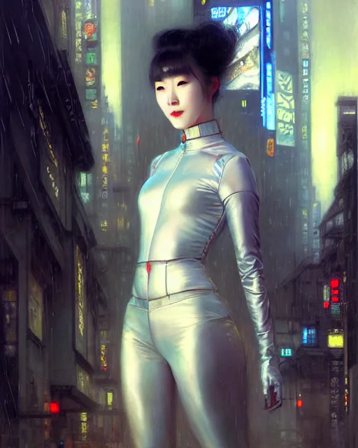 Prompt: beautiful portrait of kang seul - gi, ultra white hair, android, in rainy city street, cyberpunk, wearing tactical gear, by gaston bussiere, craig mullins, j. c. leyendecker, gustav klimt, artgerm, greg rutkowski