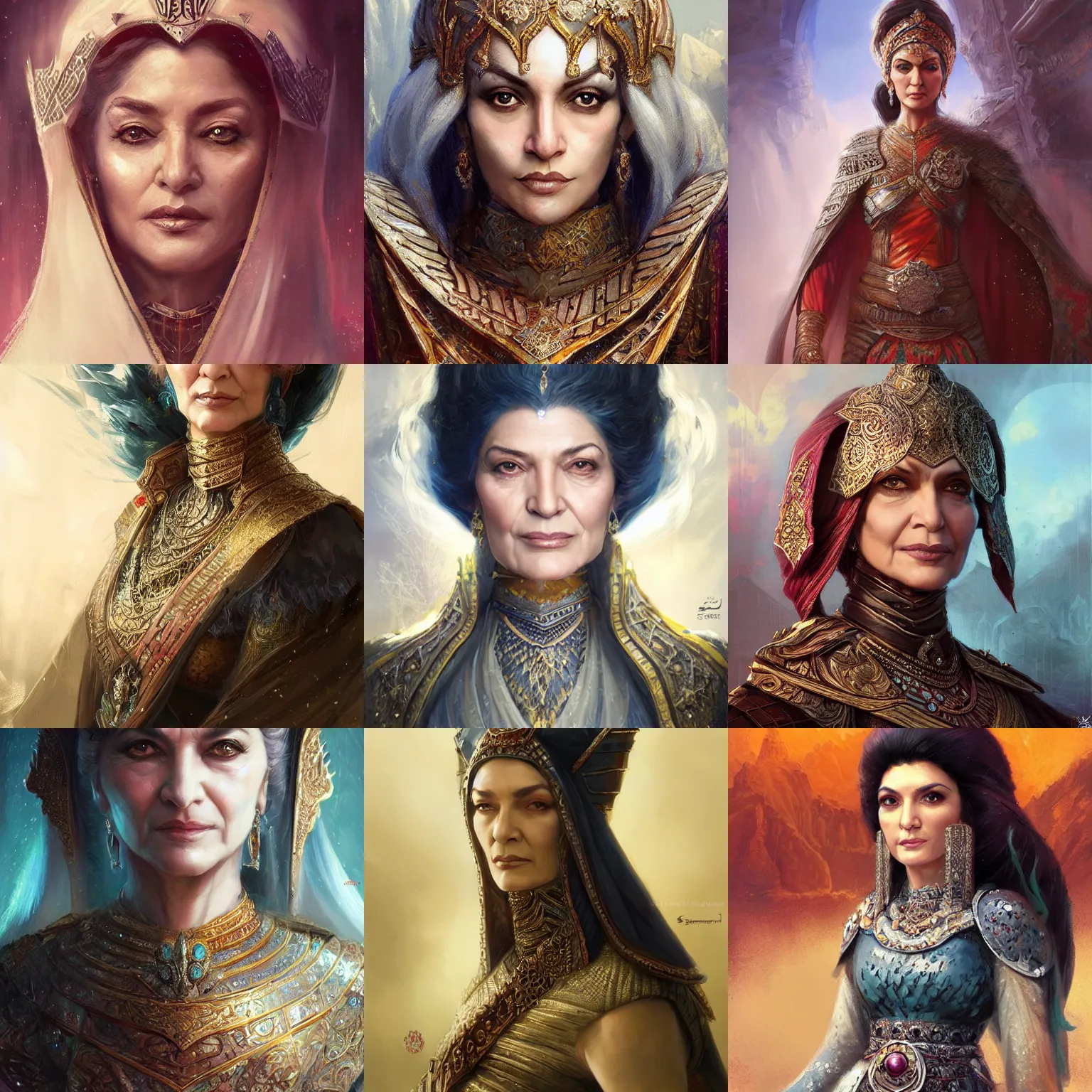 Image similar to old persian empress, shohreh aghdashloo, d & d, fantasy, portrait, highly detailed, digital painting, trending on artstation, concept art, sharp focus, illustration, art by artgerm and greg rutkowski and magali villeneuve