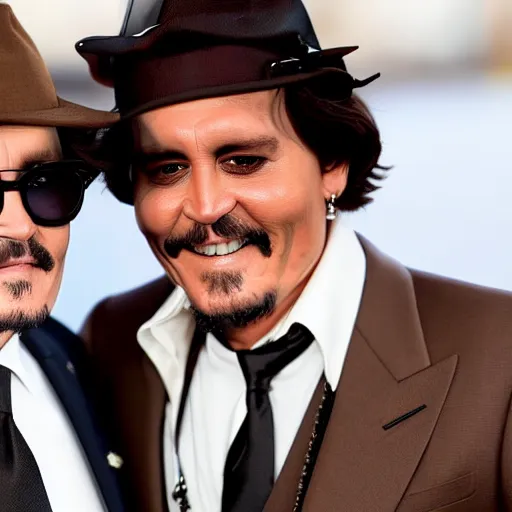 Prompt: close up of johnny depp and maradona together smiling wearing a brown suit and necktie, focus, d & d, intricate, elegant, highly detailed, digital picture, tmz, dslr, sharp focus, real picture