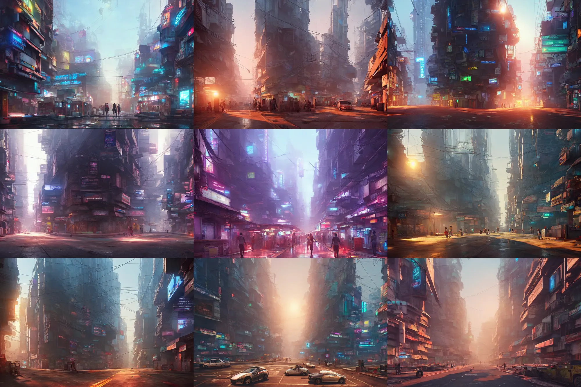 Prompt: rendering of the streets of mumbai in 2 0 7 0 by makoto shinkai and thomas kinkade, cyberpunk, futuristic, trending on cgsociety and unreal engine, light effect, highly detailed, super wide angle