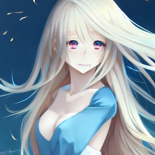 Image similar to a very beautiful anime cute girl, full body, long wavy blond hair, sky blue eyes, full round face, short smile, fancy top, miniskirt, front view, medium shot, mid-shot, highly detailed, cinematic wallpaper by Stanley Artgerm Lau