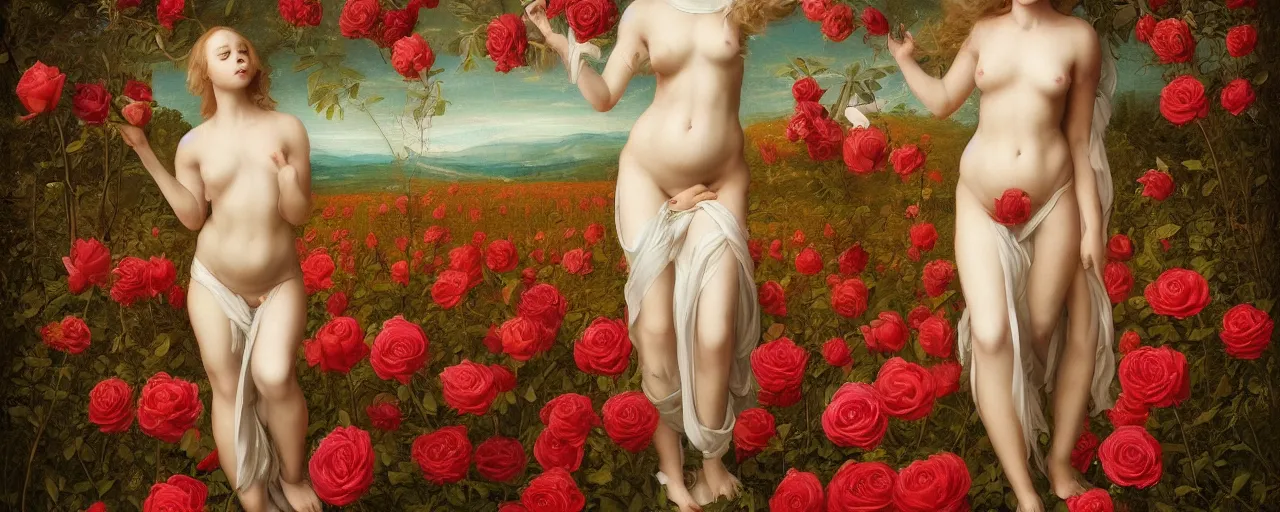 Prompt: the Divine Feminine standing in a field of Roses, Beautiful, Crown of the Gods, Woman, All Races, All Cultures, Female, Birth of creation, Mother Earth, Divinity, Hope, Ethereal, Renaissance Painting, Atmospheric Lighting, artstation trending
