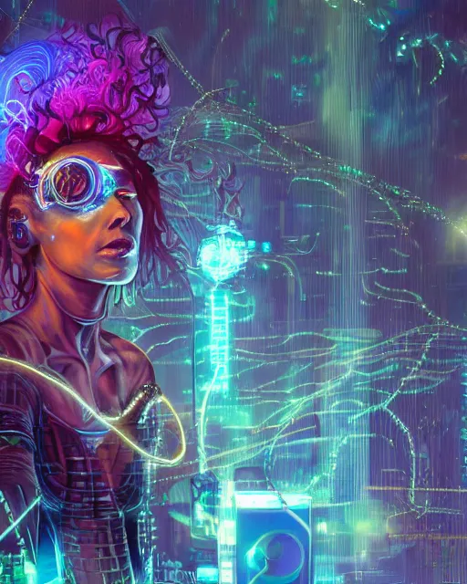 Image similar to a cyberpunk close up portrait of cyborg medusa, electricity, rainbow, snakes in hair, sparks, bokeh, soft focus, sparkling, glisten, water drops, cold, dark, geometric, temples behind her, by paul lehr, jesper ejsing