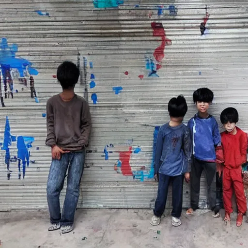 Prompt: on the right side, a korean boy stand and look left. the boy have towned clothes and he look dirty and poor. on the left side a korean boy stand and look right, this boy rich and have good clothes. in the middle of the picture there's an wall that seperate the two boys. painting.