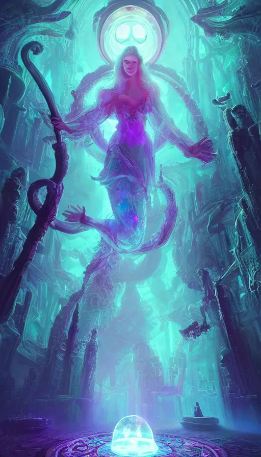 Prompt: goddess of illusion, beautiful, stunning, breathtaking, mirrors, glass, magic circle, magic doorway, fantasy, mist, bioluminescence, hyper - realistic, unreal engine, by paul lehr,