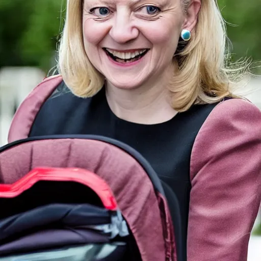 Image similar to hyperrealistic photography of elizabeth truss, conservative MP, in a baby carriage